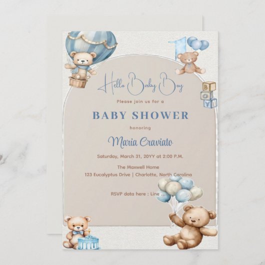 Teddy Bear Balloon Baby shower Uitnodiging (Voorkant / Achterkant)