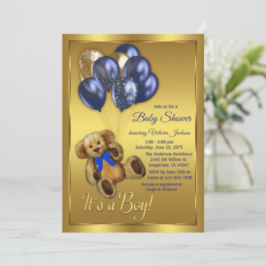 Teddy Bear Balloon Baby shower Uitnodiging (Staand voorkant)