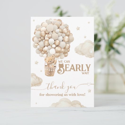 Teddy Bear Balloon Barly Wacht neutraal Baby showe Bedankkaart (Staand voorkant)