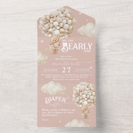 Teddy Bear Balloon Barly Wachten Baby Meisje Douch All In One Uitnodiging (Binnen)