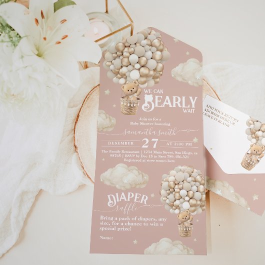 Teddy Bear Balloon Barly Wachten Baby Meisje Douch All In One Uitnodiging