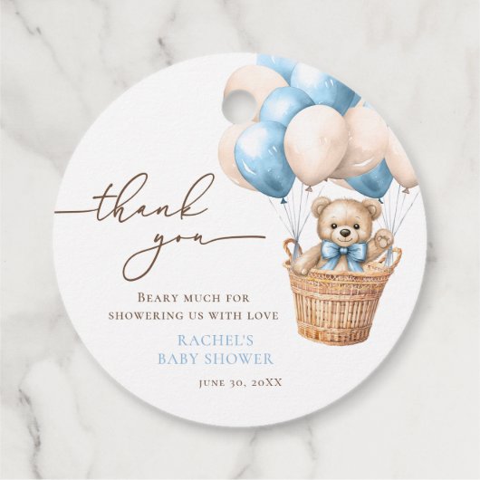 Teddy Bear Balloon Barly Wachten Blauw Baby shower Bedankjes Labels (Achterkant)