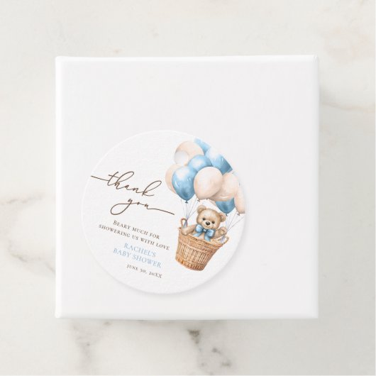 Teddy Bear Balloon Barly Wachten Blauw Baby shower Bedankjes Labels (In situ)