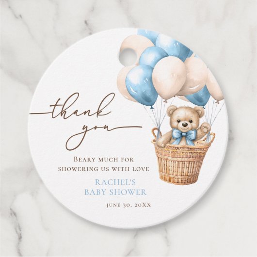 Teddy Bear Balloon Barly Wachten Blauw Baby shower Bedankjes Labels (Voorkant)