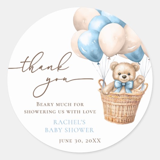 Teddy Bear Balloon Barly Wachten Blauw Baby shower Ronde Sticker (Voorkant)