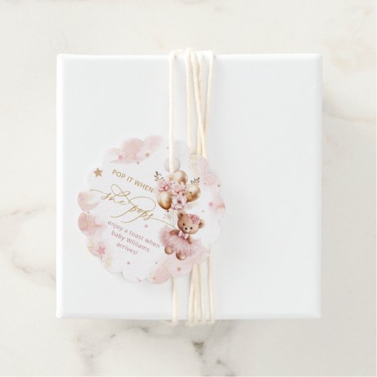 Teddy Bear Balloon Barly Wachten Meisje Baby showe Bedankjes Labels (In situ)