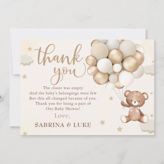 Teddy Bear Balloon Barly Wait Baby shower Bedankkaart (Voorkant)