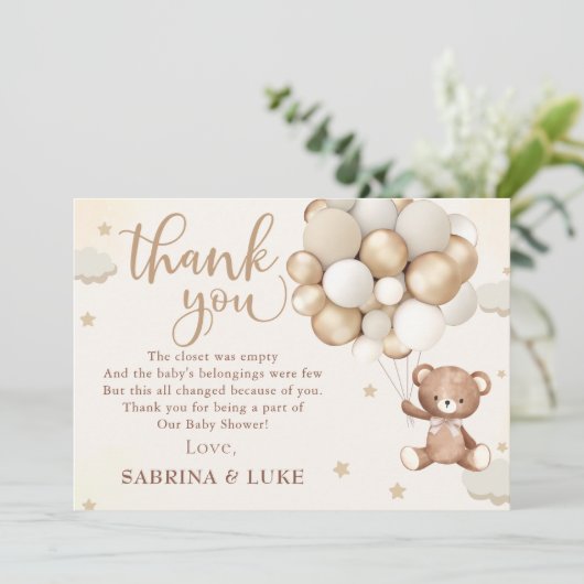 Teddy Bear Balloon Barly Wait Baby shower Bedankkaart (Staand voorkant)