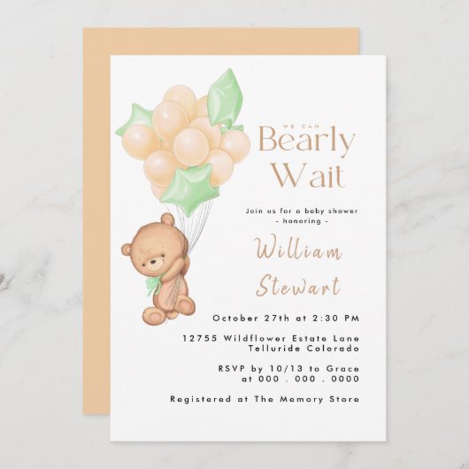 Teddy Bear Balloon Barly Wait Baby shower Kaart (Voorkant / Achterkant)