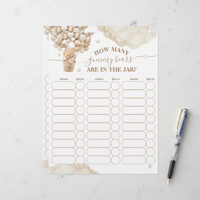 Teddy Bear Balloon Barly Wait Baby shower spel (Voorkant / Achterkant in situ)