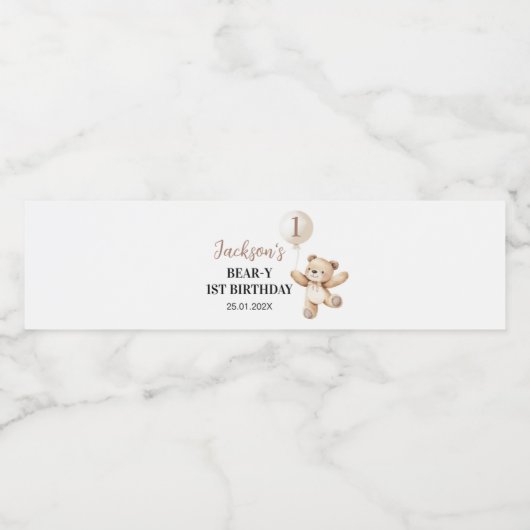 Teddy Bear Balloon Beary Eerste Verjaardag Waterfles Etiket (Enkel label)
