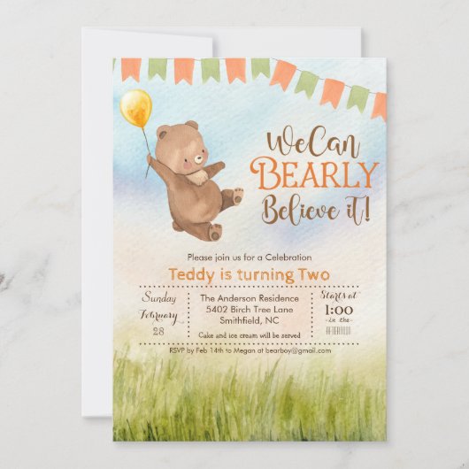 Teddy Bear Balloon Birthday Party Invitation Kaart (Voorkant)