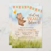 Teddy Bear Balloon Birthday Party Invitation Kaart (Voorkant / Achterkant)