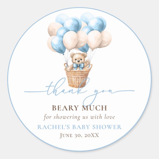 Teddy Bear Balloon Blue Baby shower Dank u Ronde Sticker (Voorkant)