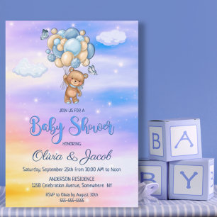 Teddy Bear Balloon Blue Baby shower Kaart