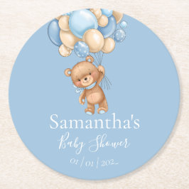 Teddy Bear Balloon Blue baby shower Ronde Kartonnen Onderzetter