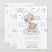 Teddy Bear Balloon Blue Barly Wachten Baby shower Kaart (Voorkant / Achterkant)