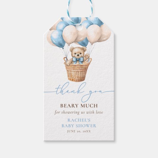 Teddy Bear Balloon Blue Boy Baby shower Dank u Cadeaulabel (Voorkant)