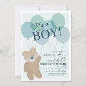 Teddy Bear Balloon Blue Boy Baby shower Kaart (Voorkant)