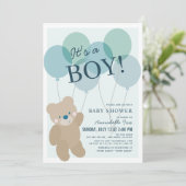 Teddy Bear Balloon Blue Boy Baby shower Kaart (Staand voorkant)