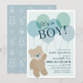 Teddy Bear Balloon Blue Boy Baby shower Kaart (Voorkant / Achterkant)