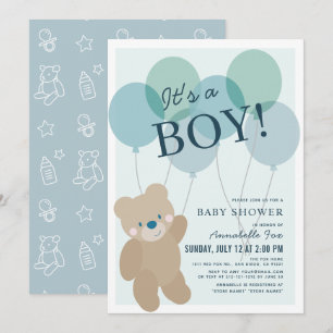 Teddy Bear Balloon Blue Boy Baby shower Kaart