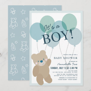 Teddy Bear Balloon Blue Boy Baby shower Kaart
