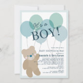 Teddy Bear Balloon Blue Boy Baby shower per post Kaart (Voorkant)
