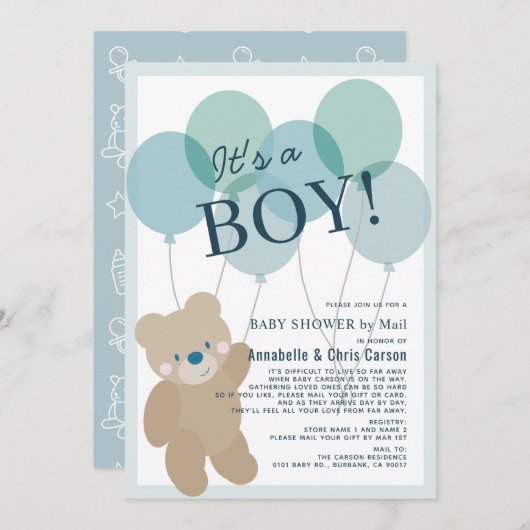 Teddy Bear Balloon Blue Boy Baby shower per post Kaart (Voorkant / Achterkant)