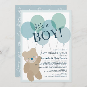 Teddy Bear Balloon Blue Boy Baby shower per post Kaart