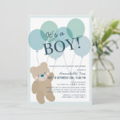Teddy Bear Balloon Blue Boy Drive-by Baby shower Kaart (Staand voorkant)