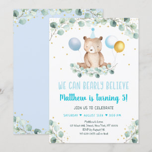 Teddy Bear Balloon Blue Gold Greenery Birthday Kaart