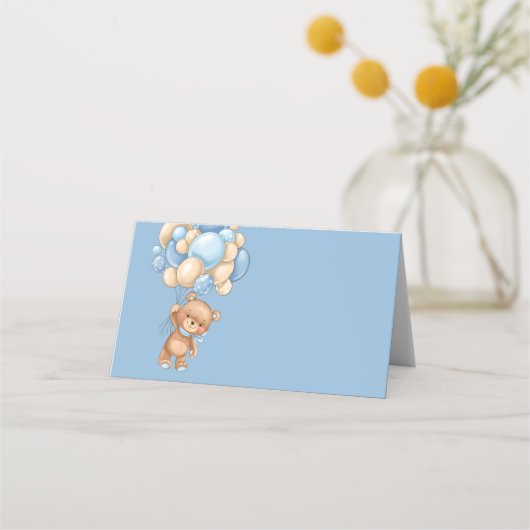 Teddy Bear Balloon Blue Place Card Plaatskaartje (Voorkant)