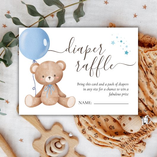 Teddy Bear Balloon Boy Baby shower Diaper Raffle Informatiekaartje