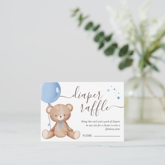 Teddy Bear Balloon Boy Baby shower Diaper Raffle Informatiekaartje (Staand voorkant)