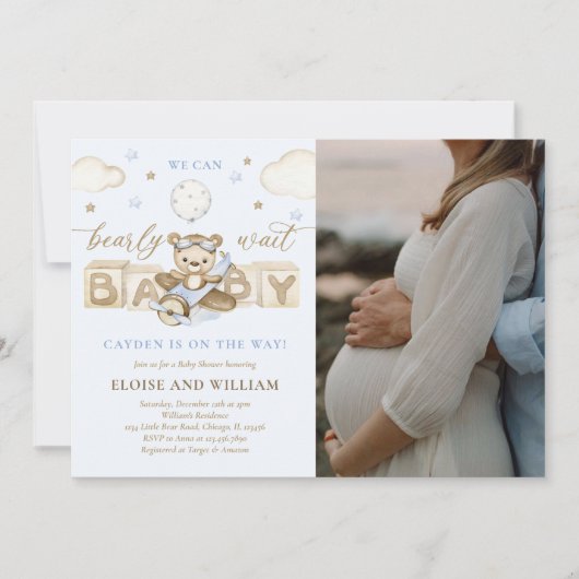 Teddy Bear Balloon Boy Baby shower Foto Kaart (Voorkant)