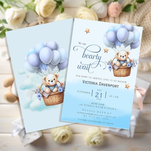 Teddy Bear Balloon Boy Baby Shower Invitation Kaart