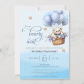 Teddy Bear Balloon Boy Baby Shower Invitation Kaart (Voorkant)