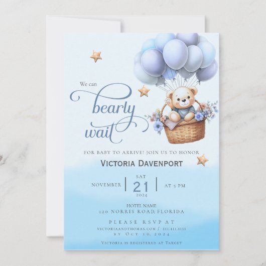 Teddy Bear Balloon Boy Baby Shower Invitation Kaart (Voorkant)
