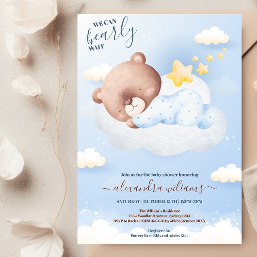 Teddy Bear Balloon Boy Barly Wait Baby shower Kaart