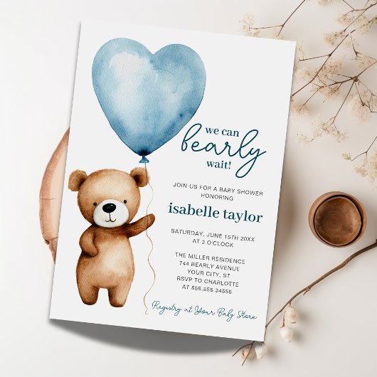 Teddy Bear Balloon Boy Barly Wait Baby shower Kaart