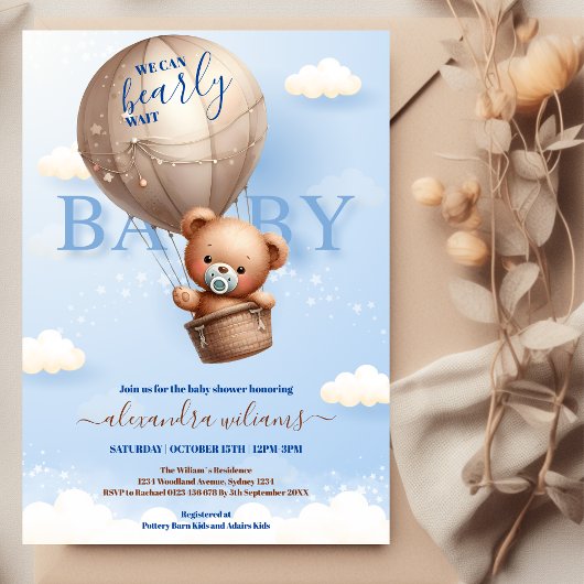 Teddy Bear Balloon Boy Barly Wait Baby shower Kaart
