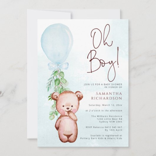 Teddy Bear Balloon Boy Barly Wait Baby shower Kaart (Voorkant)