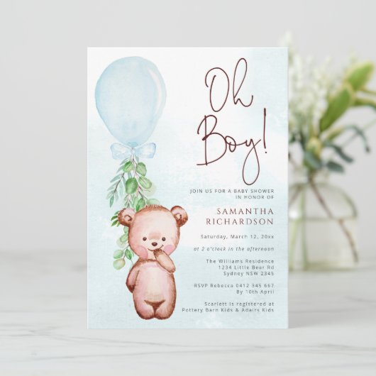 Teddy Bear Balloon Boy Barly Wait Baby shower Kaart (Staand voorkant)