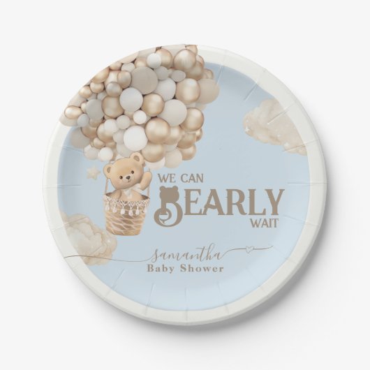 Teddy Bear Balloon Boy Blauw Baby shower Papieren Bordje (Voorkant)