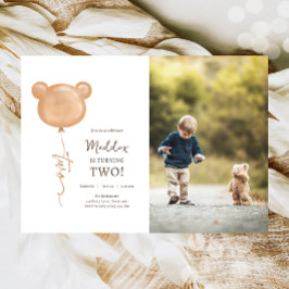 Teddy Bear Balloon Boy Second Birthday Party Kaart