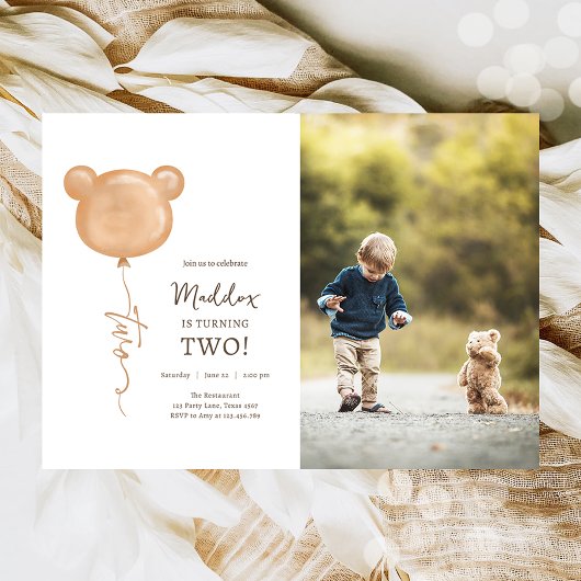 Teddy Bear Balloon Boy Second Birthday Party Kaart