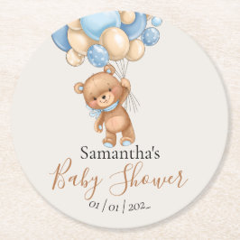 Teddy Bear Balloon Brown Blue Baby shower Round Pa Ronde Kartonnen Onderzetter