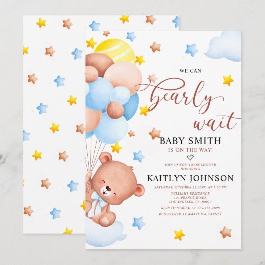 Teddy Bear Balloon Clouds Baby Sprinkle Kaart (Voorkant / Achterkant)