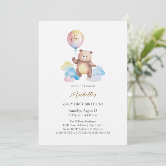 Teddy Bear Balloon Clouds Beary First Birthday Kaart (Staand voorkant)